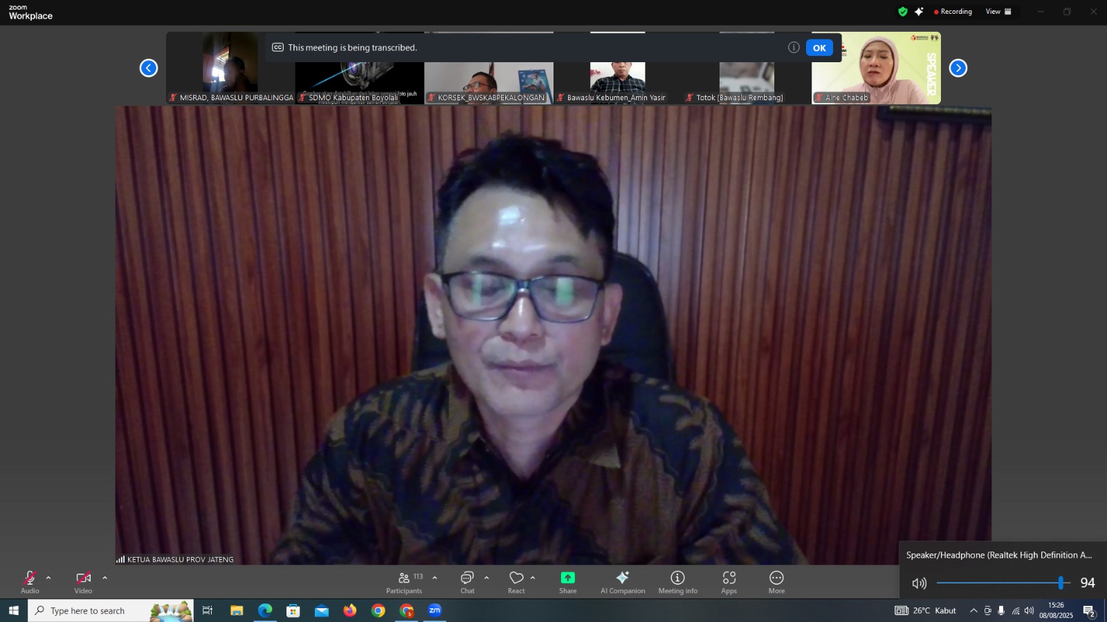 Dokumentasi Zoom Meeting Rapat Persiapan Pelaksanaan Penguatan Kelembagaan Bawaslu Provinsi dan Kabupaten/Kota yang diselenggarakan oleh Bawaslu Provinsi Jawa Tengah, Jum’at (08/08/2025)