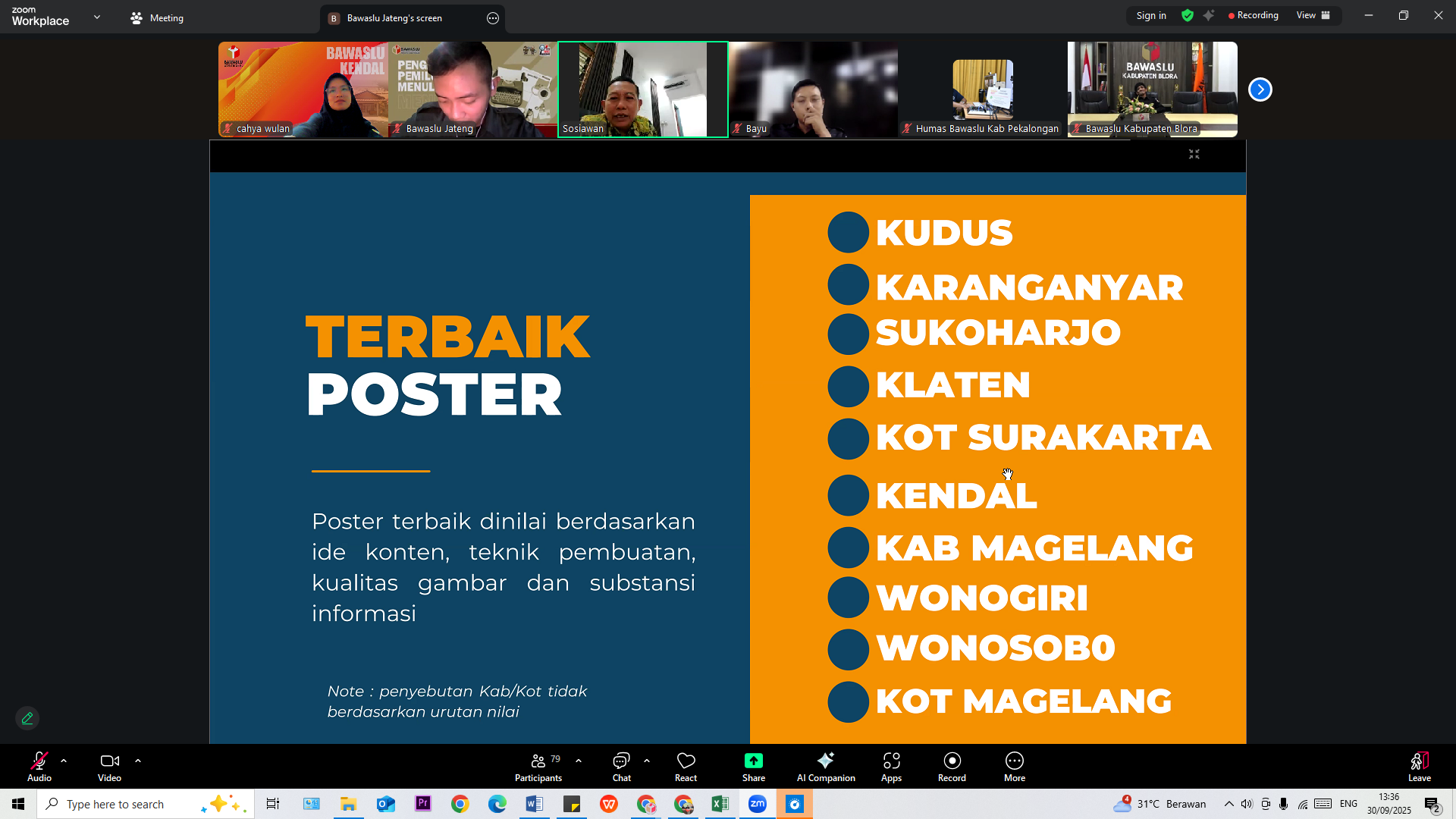Dokumentasi Bawaslu Kabupaten Kendal mengikuti kegiatan Evaluasi Kehumasan September Menuju Oktober yang diselenggarakan oleh Bawaslu Provinsi Jawa Tengah melalui aplikasi Zoom Meeting